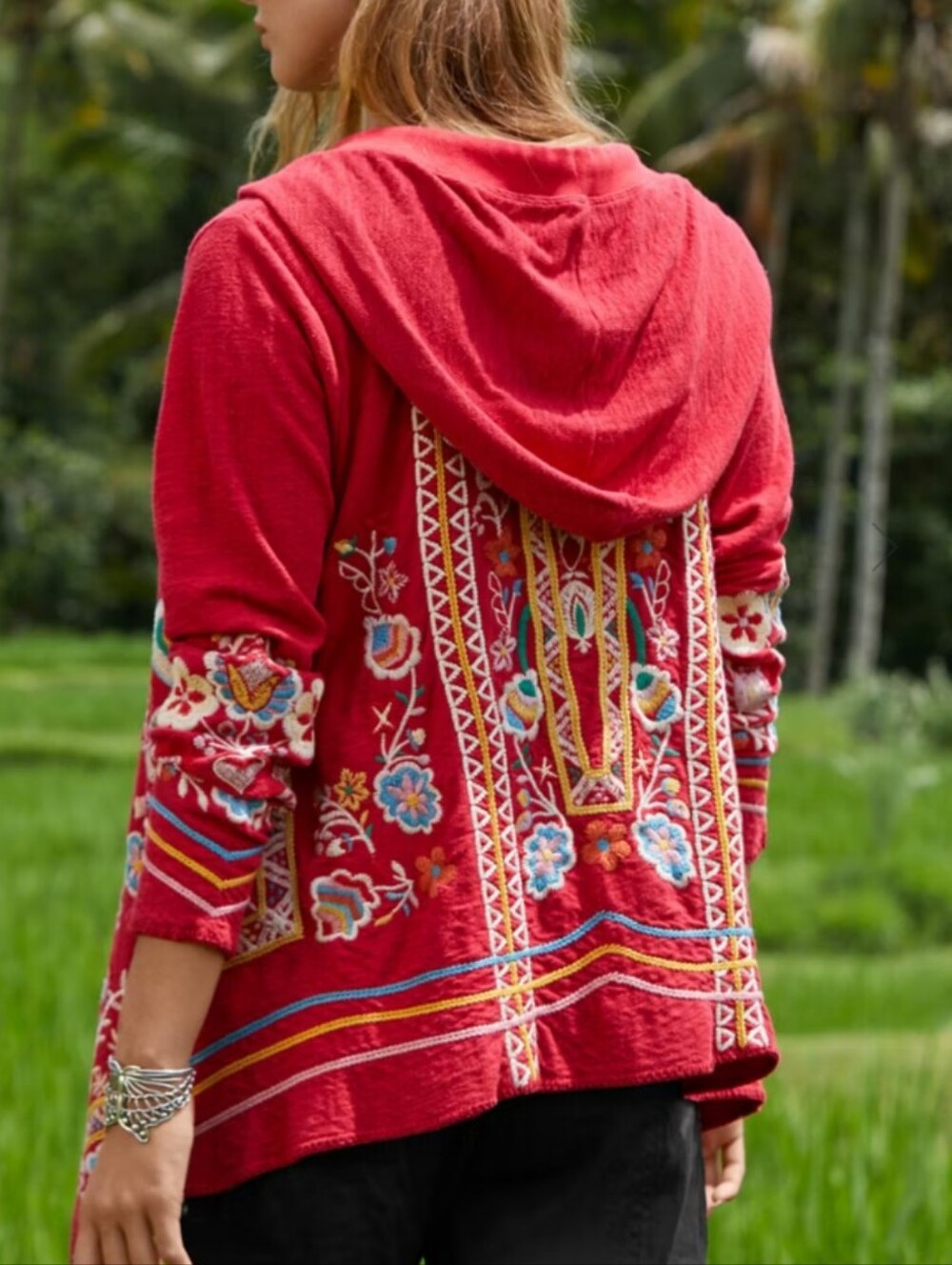 Johnny Was Biya Red Embroidered Hooded Cardigan Sweater, NWOT Size Small